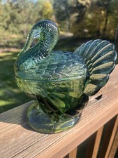 Vintage LE Smith Green Glass Turkey Candy Dish W/ Lid. Marked On Bottom picture