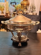 Vintage Silver-Plated Elegant Chafing Dish W/Glass Pyrex Warming Casserole Dish picture