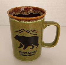 Great Smoky Mountains Coffee Mug Glazed Stoneware Black Bear Green & Brown 16 oz picture