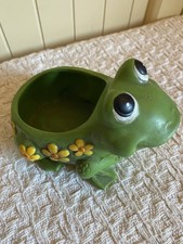 Vintage Japan Green Floral Yellow Daisy Frog Ceramic Planter Cachepot 1970s picture