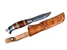 VTG BRUSLETTO GEILO NORWAY KNIFE STACKED LEATHER HANDLE w/SHEATH EXCELLENT picture