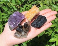 4 Piece Crystal Lot: Amethyst Black Tourmaline Citrine & Smoky Quartz Druze Set picture