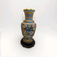 Vtg Chinese Raised Relief Cloisonné Vase Peony Bird Motif with Stand 15