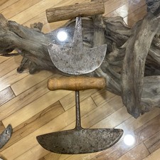 Lot Of 2 -Antique Primitive Hand Forged Knife Food Chopper Half Moon Wood Handle picture
