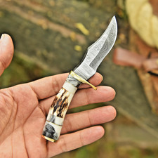 Mini Handmade Damascus steel Fix Blade Knife Tactical Original StagAntler Handle picture