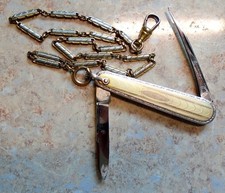 ANTIQUE ORIGINAL MERIDAN BRAND MENS 2 BLADE POCKET KNIFE WITH POCKET WATCH CHAIN picture