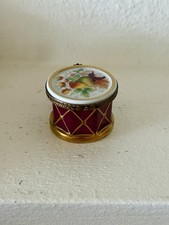 Authentic Limoges France Peint Main Drum Trinket Box Burgundy Fruit Flower VTG picture