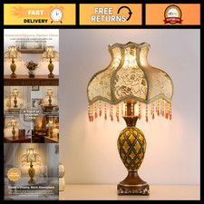Vintage Victorian Table Lamp - European Lace Shade, Beaded Fringe, Antique Bronz picture