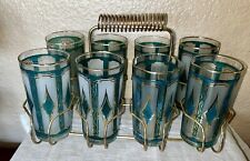 Vtg MCM Libbey Emerald Green Blue Highballs Set Of 8 Gold diamond W Caddy picture