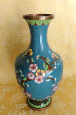 Antique Chinese Cloisonne Enameled Vases Blue With Plum Blossom 9.25