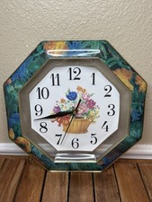 Vtg 90s Floral MCM Wall Clock Working Flowers Decode Gold Trim picture