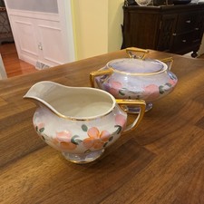 Vintage Sebring Ohio Pottery Covered Sugar Bowl and Creamer, Painted Pink Floral picture