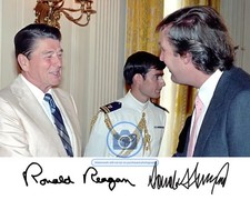 PRESIDENT DONALD TRUMP & RONALD REAGAN SHAKING HANDS AUTOGRAPHED 8X10 PHOTO picture