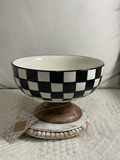 NEW Made In India Checkered Ceramic Bowl On Wooden Pedestal 9.5 WX 6 H Large picture