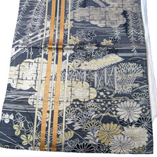 Vintage Japanese Silk Ro Nagoya Obi Blue Gray Summer Willow Chrysanthemum 305cm picture