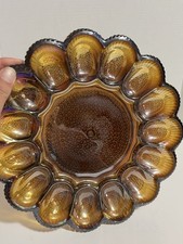 Indiana Glass Deviled Egg Plate Vintage Carnival Iridescent Amber Hobnail 11