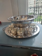 Vtg Oneida Silver Plate Punch Bowl Du Maurier Platter 12 Cups Ladle Used No Box picture