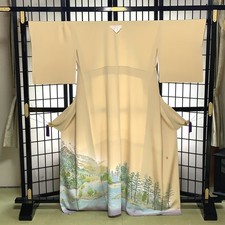 UNUSED Authentic Kaga Yuzen Silk Kimono by Kenichi Okubo Iro-Tomesode Landscape picture