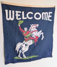 Vintage 1940's Cowboy Rodeo Welcome Banner Flag Western Ranch Blue Wall Art 33