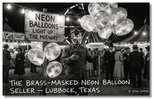 Vintage‑STYLE NEW ART 1930's RPPC-MASKED NEON BALLOON SELLER-LUBBOCK TEXAS-FAUX picture