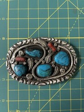 Unique Vintage Bold Design Sterling Navajo Snake Belt Buckle Turquoise/Coral picture