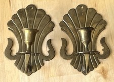 Vtg MCM Solid Brass Candle Holders Wall Mount Sconce Scalloped Scroll Set of 2 picture