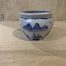 Vintage Chinese Blue & White Porcelain Mini Planter Cachepot Landscape 3.75