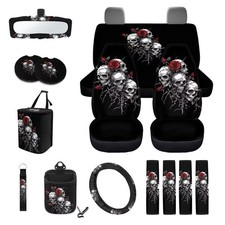 Skull Rose Pattern 15 Pcs Car Accessories Sets Steering Wheel Cover Seat Belt... picture