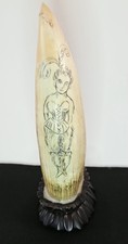 Scrimshaw Style Engraved Animal Horn Woman Carved Wood Base Vintage J Billard picture