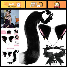 Cat Ears and Tail,Wolf Fox Ears Long Tail and Bell Lace Choker Set for Halloween picture