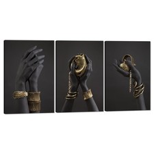 MAMAGO African American Woman Canvas Prints 3 Panels Black Gold 24