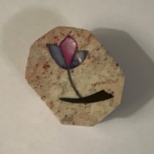 Vintage Stone Heart Trinket Box Hand Carved Floral Marble Stone w/Inlaid Stone picture