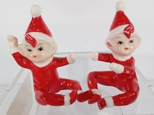 (2)VTG MID CENTURY CHRISTMAS PIXIE ELF CANDLE CLIMBERS HUGGERS CERAMIC FIGURINES picture
