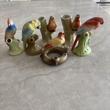 Vintage Czechoslovakia Ceramic Bird Parrot Bud Vases Flower Holders Lot of 6 picture