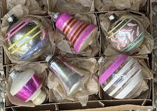 VTG Franke Corning Shiny Brite Mica Bell Stripes Unsilvered Glass Ornaments picture
