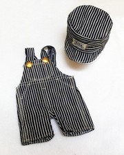 Vintage 1940s Buddy Lee Doll Hickory Stripe Railroad Overalls Hat Set  picture