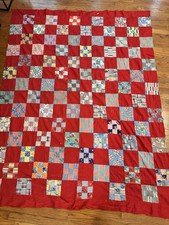 Vtg feedsack fabrics Nine Patch Quilt Top Patchwork Handmade RED 63