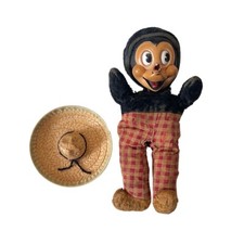 Vintage 1930s Rubber Face Plush Mickey Mouse Toy w/ Checkered Pants & Straw Hat picture