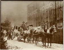 Vintage 1894 Press Photo Print, Men riding a stagecoach Near Dance House  picture