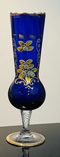 Vintage Bohemian Glass Cobalt Blue Footed Gold Trim Hand Painted Bud Vase 10” picture