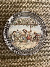 Antique Serreguemines Majolica Ceramic Story Plate With Silver Rim picture