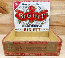 c1917 Vtg Antique Big Hit Wood Cigar Box Chicago Union Wenona Marshal Co, IL. picture