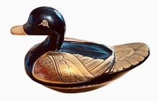 Duck Lacquerware Trinket Box or Dresser Box Black Wood Gold Trim Vintage picture