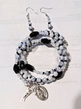 Christianity Black & White Beaded Coiled Rosary Bracelet & Matching Earrings picture