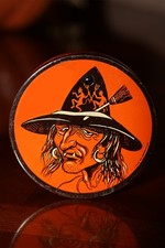 RARE Vintage T. COHN INC. Halloween Tin Ratchet Noise Maker Witch w/ Devil Hat picture