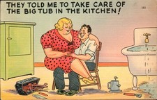 Plumber Take Care of the Big Tub in the Kitchen Comic - Linen Postcard c1940s picture