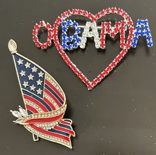 OBAMA 2 PINS RED WHITE BLUE  LOVE & USA FLAG METAL CRYSTAL PRESIDENT DEMOCRAT picture