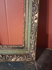 Vintage MCM Ornate Wood Picture Frame Carved Green Gold 13
