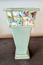 Vintage Celadon French Style Pique-Assiette Mosaic Square Folk Art Urn Vase-8.3