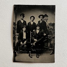 Antique Tintype Group Photograph Handsome Rascally Young Man Teen Smoking picture